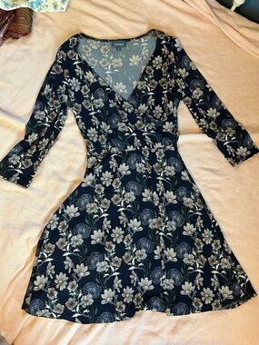 ModCloth Navy Floral Wrap-Style Long Sleeve Dress